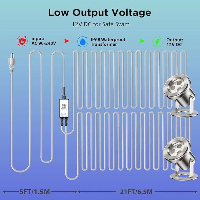LED Pond Lights, 12W RGB SS316 Stainless Steel Dimmable Underwater Pond Light, 2x6W IP68 Waterproof Submersible Fountain Lights APP Control, 12V Outdoor Waterproof Light Transformer Timer, 26ft Cord