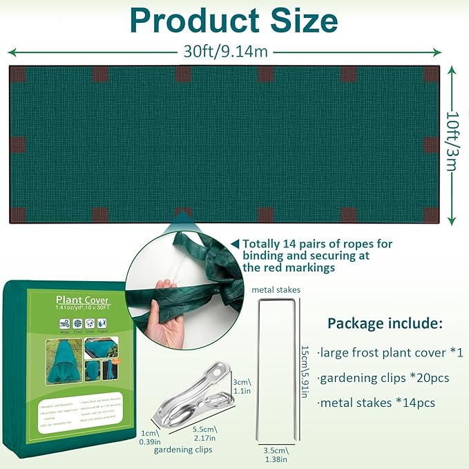 Plant Covers Freeze Protection, 10ft x 30ft 1.41 oz/yd² Frost Cloth Plant Blankets Floating Row Covers with 20 Stainless Steel Clips for Winter Plants Gardens Frost/Sun Pests Protection, Dark Green