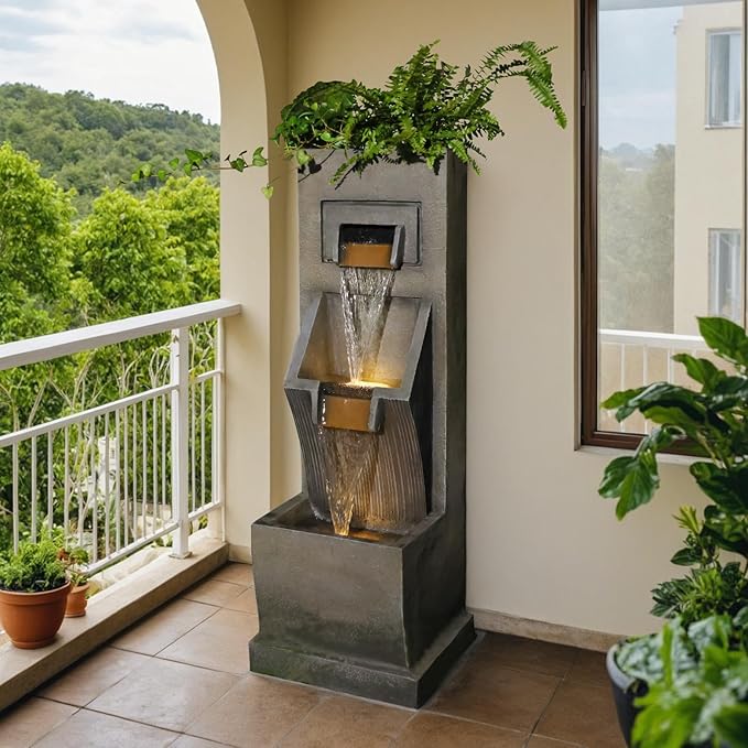 35" H 3-Tier Indoor/Outdoor Modern Water Fountain with LED Lights and Pump, Outdoor Freestanding Cascading Waterfall - Suitable for Garden, Patio, Porch, Yard and Outdoor Decor (Brown)