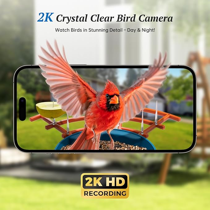 Smart Bird Feeder with Camera, 2K HD AI Identify Birds Species, Bird Watching Camera with Solar Panel, Auto Capture Bi rd Videos & Instant Notifications, Ideal Present for BirdLover