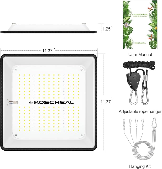 KOSCHEAL KT600 LED Grow Light Use with LM301B LEDs Sunlike Full Spectrum Grow Lights for Seedlings Indoor Plants Veg and Bloom Growing Lamps for 2x2ft Coverage Output 65W±5%