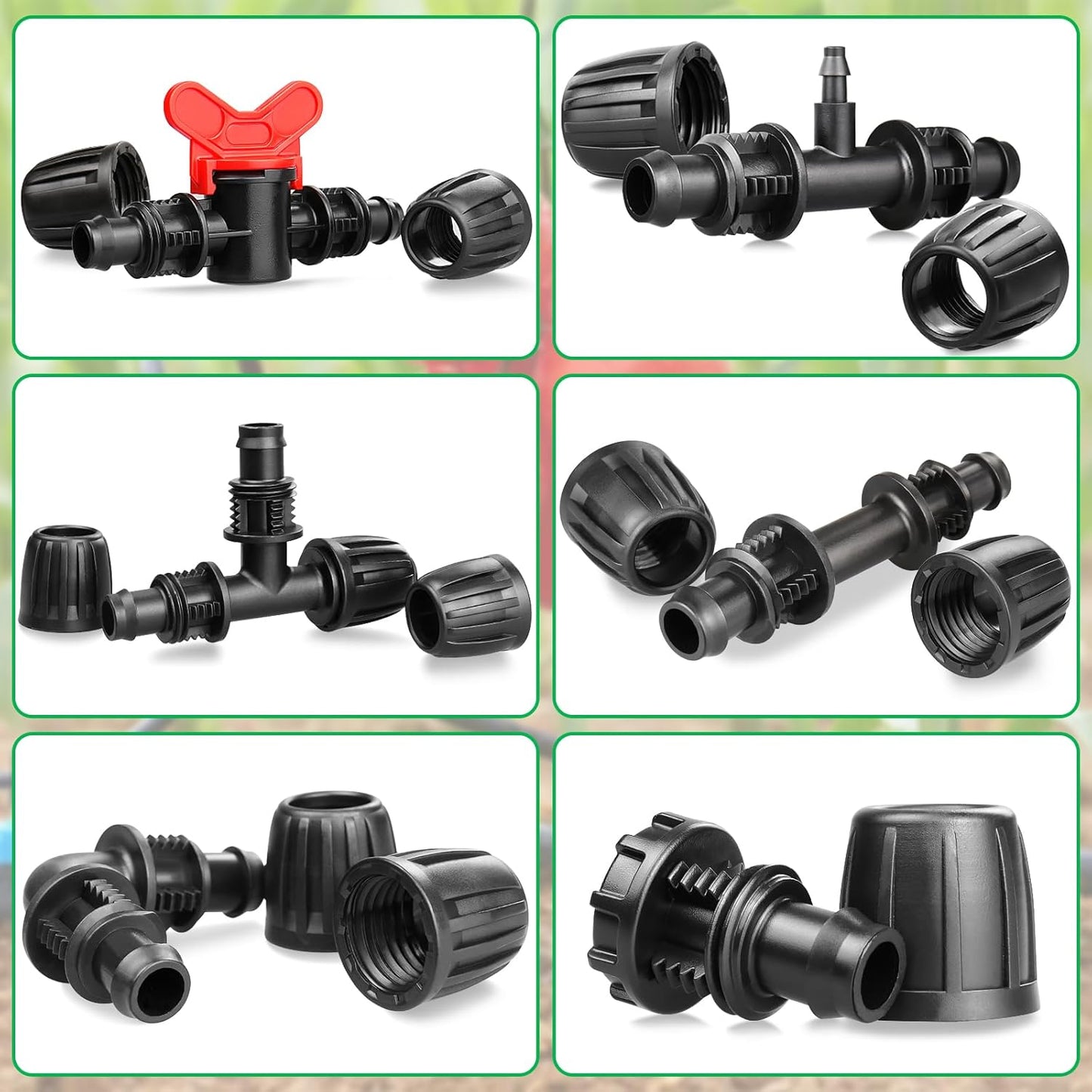 Drip Irrigation Fittings Kit for 1/2 Inch Tubing:1/2'' Drip Line Anti-Drop Barbed Locked Nut Connectors 18 Pieces Set Include 4 Couplings 4 Tees 2 Elbows 3 Valves 3 Reducing Tee 2 Plugs