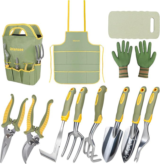 Set of 12 Garden Tool, iHansee Heavy-Duty Aluminum Gardening Hand Tools with Rubber Non-Slip Handle, Garden Apron, Gloves, Kneeling Pad and Storage Bag, Garden Hand Tools Starter Kit Landscaping Tools