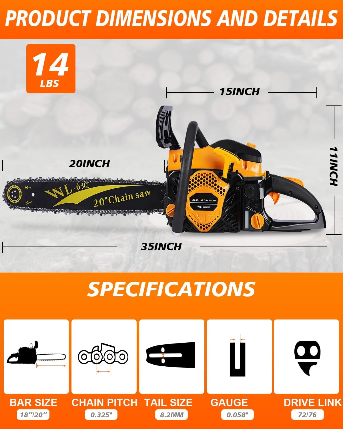 63cc Gas Powered Chainsaw, 3.2KW/3.2HP 2-Cycle Engine, 20-Inch Guide Bar, Professional Power Saw with CDI Ignition, Automatic Oiler & Anti-Vibration System for Heavy-Duty Use
