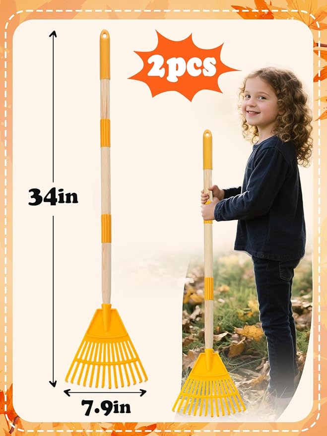 Acostop 2 Pcs Kids Rakes with Wood Handle - 34" Lightweight Plastic Garden Rake for Leaves, Safe to Use Kid Yard Tools for Boys Girls Fall Gardening Gifts (Yellow)