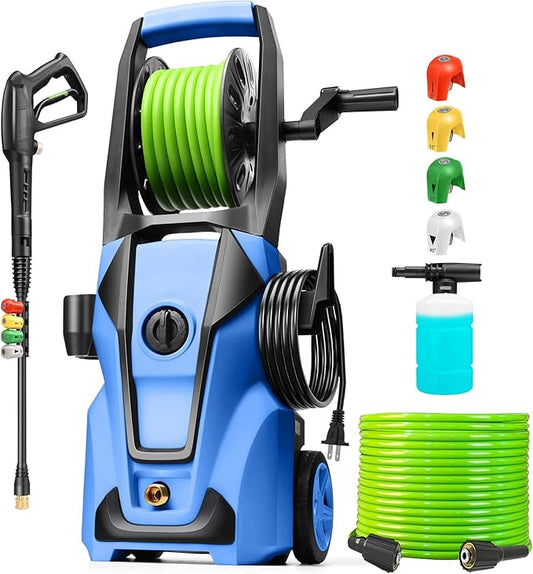 Electric Pressure Washer Adjustable 5000PSI 4.0 GPM Power Washers Electric Powered with 33ft Hose Reel, 4 Nozzle and Foam Cannon, Powerwashers Cleaner Machine for Home, Cars, Patio, Blue