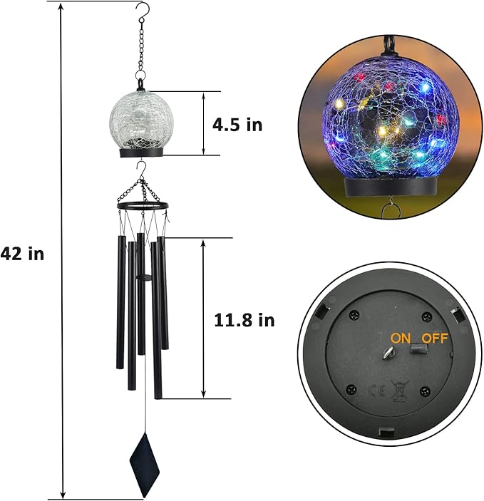 Wind Chimes Outdoor Solar Lights, 42 Inch Large Sympathy Chime 15 LED Twinkle Multi Color Crackled Glass Ball Birthday Gifts for Women Decorative Hanging in Garden, Yard, Patio, Landscape