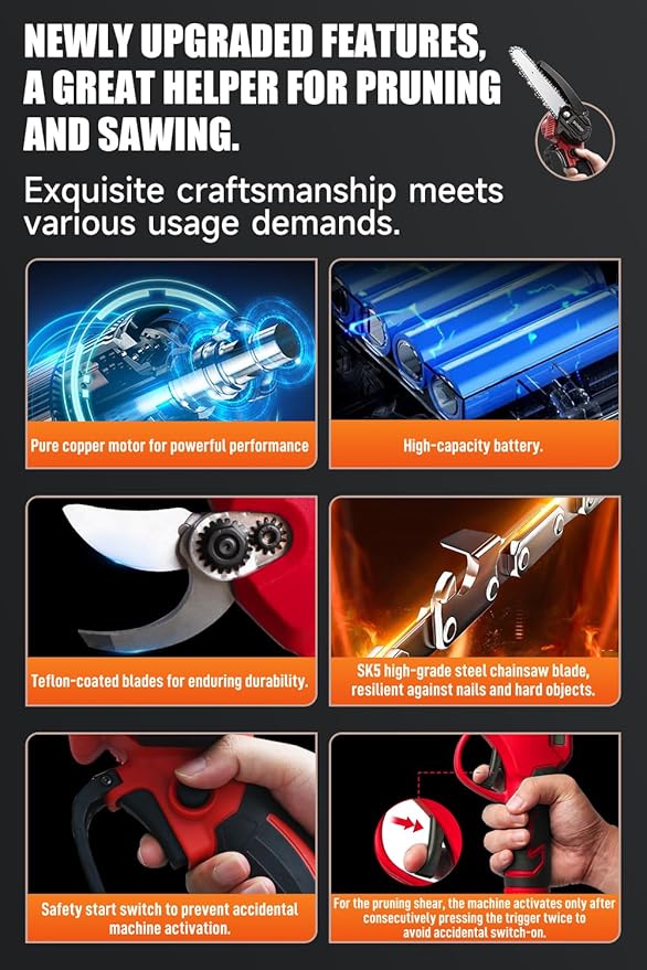 3-in-1 Electric Pruner Kit for Tree Trimming & Garden Work, Cordless Chainsaw & Shears with 8ft Telescopic Pole, 6-Inch Blade, 2 Batteries, SK5 Steel, Red – Ideal for Seasonal Yard Maintenance