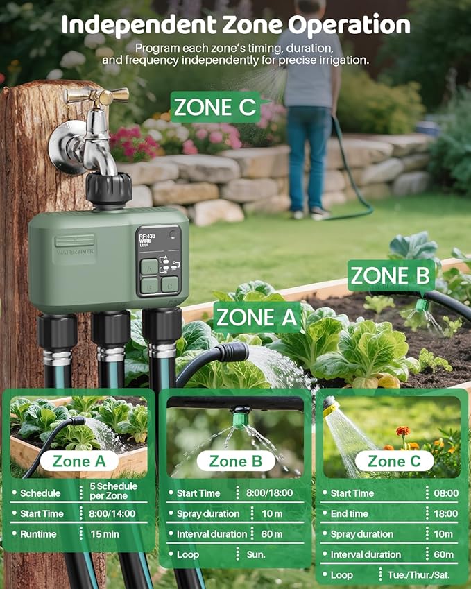 Smart Sprinkler Timer 3 Zone for Garden Hose, WiFi Water Timer with 984ft RF Range, Smart Lawn Watering System Irrigation Controller, APP/Voice Control, Rain Delay, Automatic/Manual Irrigation
