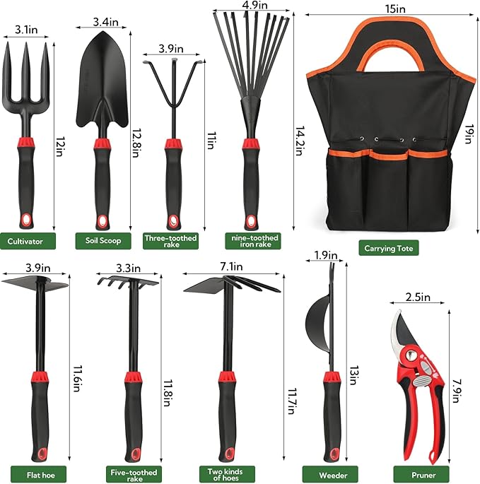10 Pack Garden Tool Set - Carbon Steel Heavy Duty Gardening Set with Non-Slip Handles & Carry Bag Garden Hand Tools Gift for Women and Men