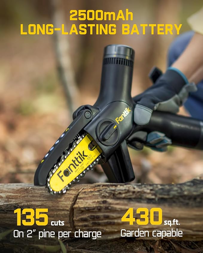 Fanttik TurboLite W10 APEX External Rotor Brushless Motor Mini Chainsaw Cordless with 3 Speed Adjustment, Type-C Fast Charging, LED Light for Tree Wood, Tools for Household and Garden