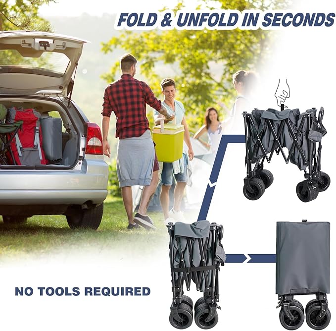 Chihee Garden Cart Collapsible Outdoor Utility Wagon Cart,Folding Beach Cart Oversized Capacity 254L,Heavy Duty Portable Wagon All Terrain Wheels Oversized Side Pocket 2 Drink Holders for Camping