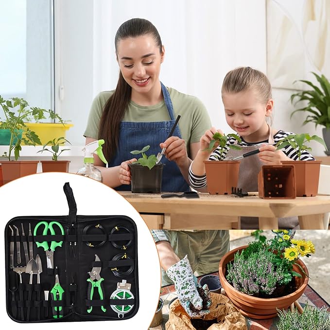 Bonsai Tools Kit 20 Pcs Garden Tools Set for Starters, Includes Bonsai Wire Kit, Plant Mat, Pruning Shears, Bonsai Scissors, Succulent Tools in Leather Storage Bag, Bonsai Gift for Adults