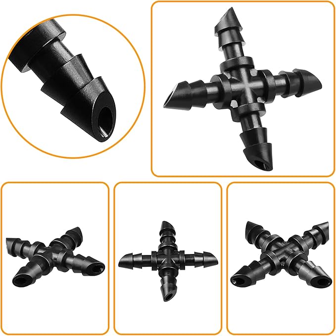 1/4" Drip Irrigation Cross Fittings, 45 Pieces Barbed 4-Way Cross Irrigation Parts for 1/4 Inch Drip Tubing, Drip Line 4-way Tee Connectors T Parts for Sprinkler Garden Lawn