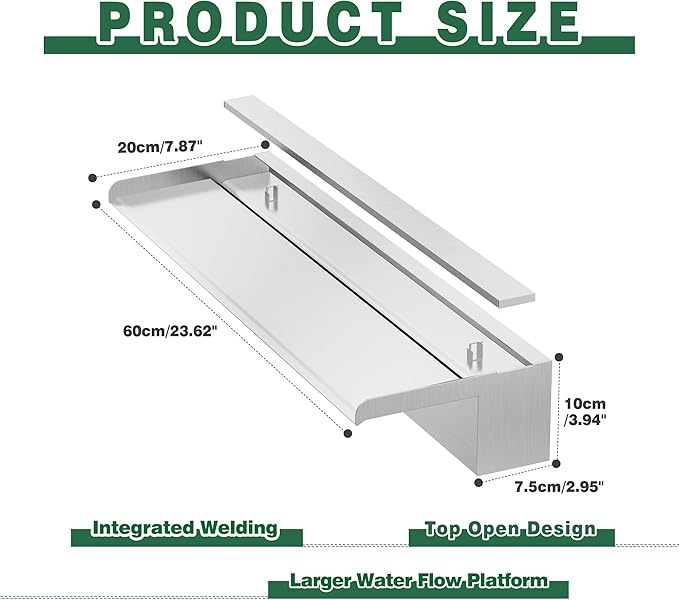 Waterfall Pool Fountain, LONGRUNNEW Stainless Steel Waterfall Spillway with Pipe Connector Kits for Outdoor/Indoor Decorative, 23.6 Inches Pool Water Feature for Garden Patio, Backyard Koi Pond Decor