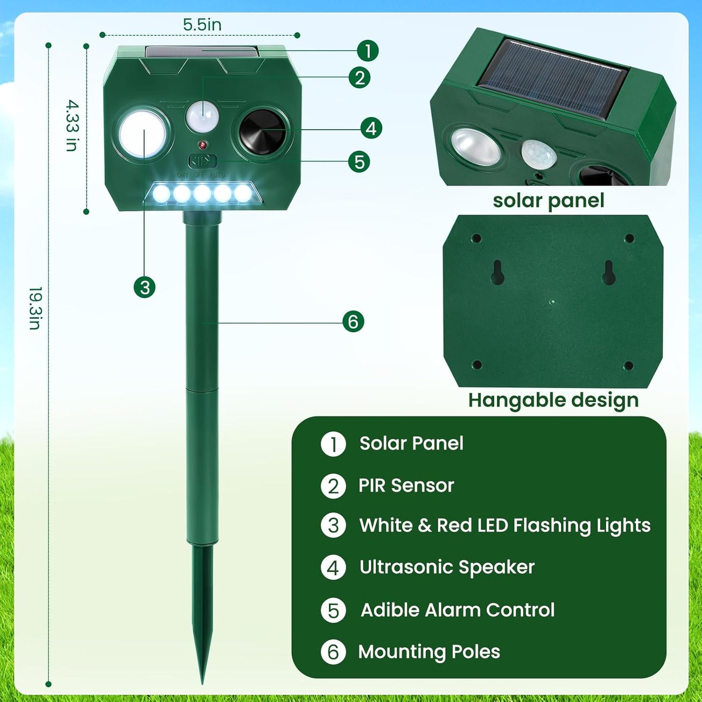 Solar Ultrasonic Animal Repellent Outdoor, 4 Pack Cat Squirrel Raccoon Bird Dog Deer Repellent Devices with PIR Motion Sensor & LED Flash, Waterproof Animal Deterrent for Garden Yard Farm