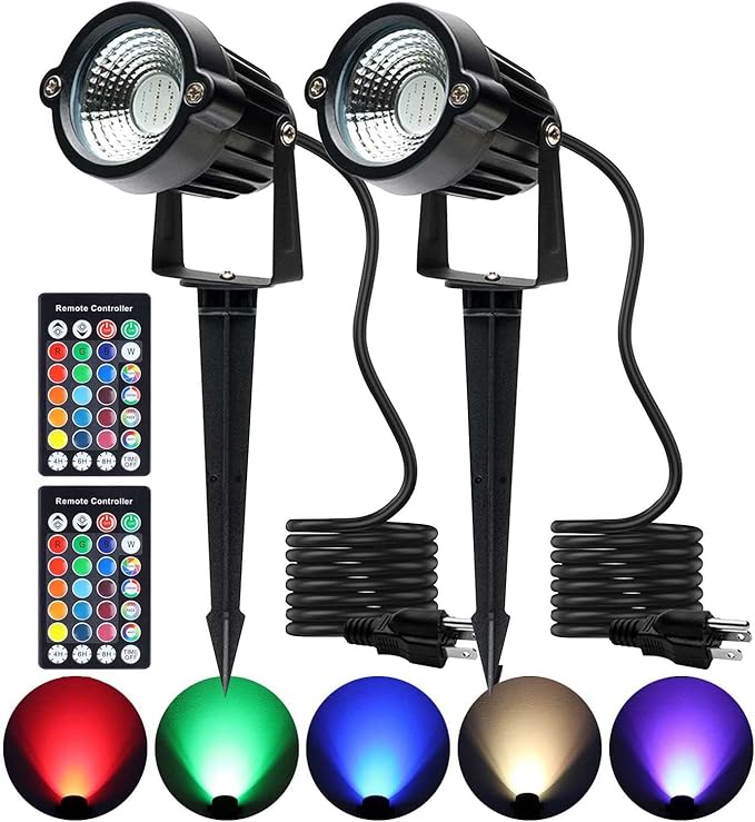 Outdoor Spotlights, Yard Spot Lights with Timer, 5W 120V RGB Colored Waterproof Memory Dimmable LED Landscape Light with Spiked Stand for Yard Lawn Pathway Tree Garden, 2 Packs