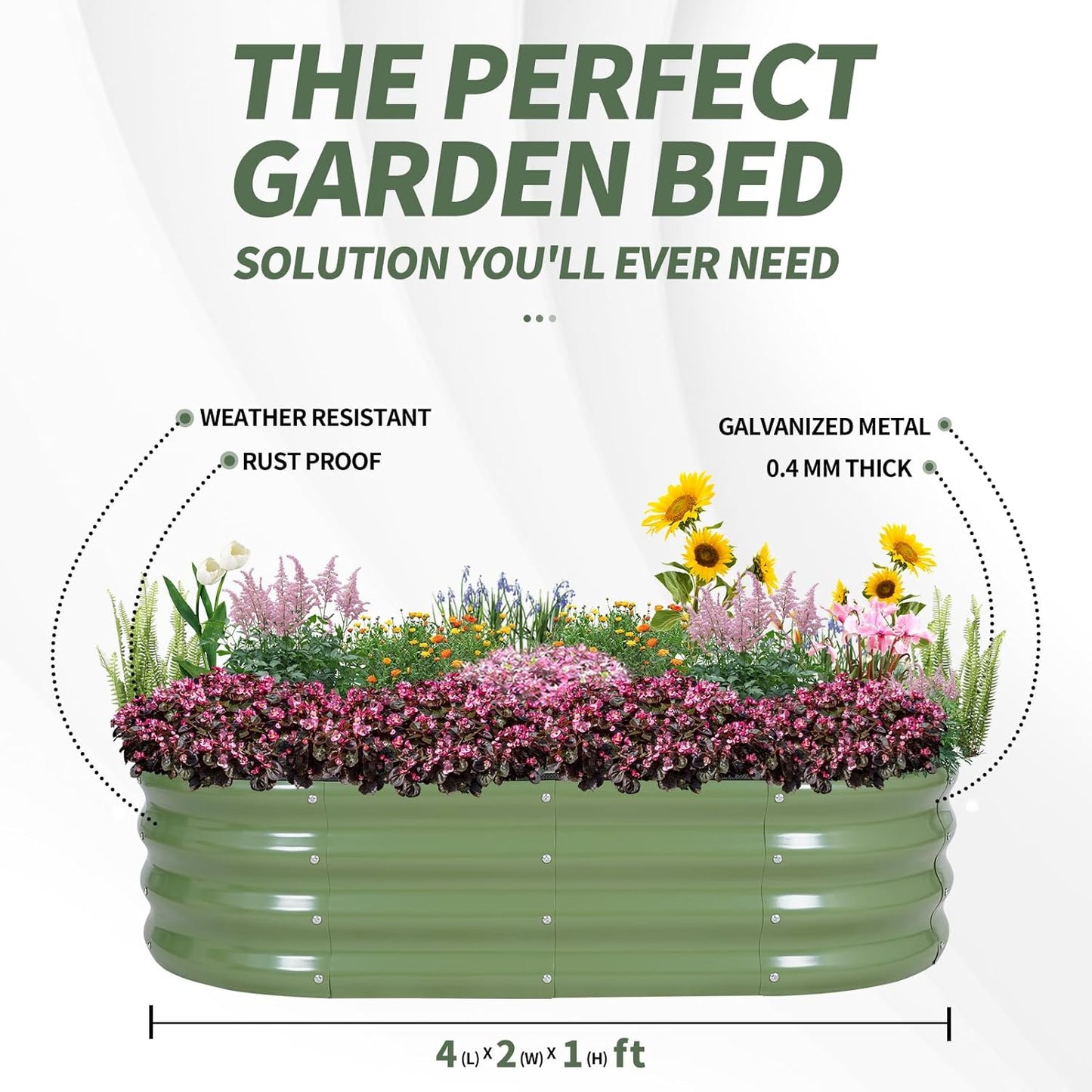 1MORE Galvanized Raised Garden Bed- Planter Garden Boxes Outdoor, Raised Beds for Gardening, 4x2x1ft Metal Garden Bed Kit for Vegetables Flower, Planter Raised Beds with Tools.Green