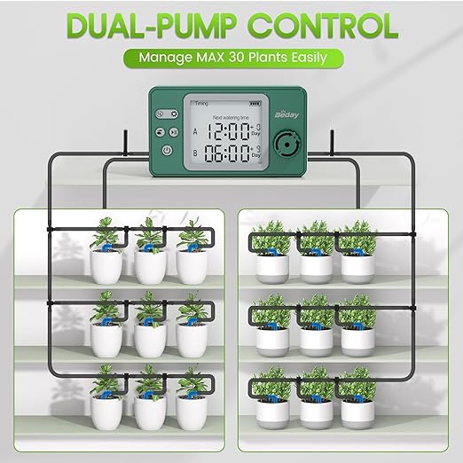 Solar Powered Dual Pump Drip Irrigation Kit for Outdoor Indoor Plants, 2-Zone Smart Self-Watering System with USB Charging, Automatic Plant Waterer for Garden Patio Balcony Vacation