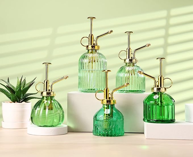 Glass Plant Mister Spray Bottle, 7.5" Green Glass Water Spray Bottle with Gold Top Pump Small Watering Can, Small Plant Sprayer Mister for Indoor Outdoor House,(Green+Gold E)