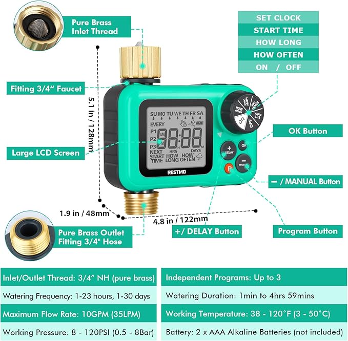 RESTMO Sprinkler Timer with Brass Inlet & Outlet, 3 Separate Programs Hose Timer, Programmable Water Timer for Garden Hose, Manual | Rain Delay | Automatic Watering System for Drip Irrigation and Lawn