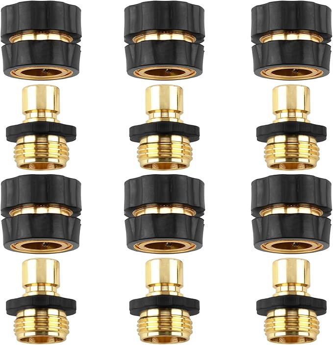 Quick Connect Hose Fittings Male and Female Set, 3/4 Inch Aluminum Garden Hose Fitting Quick Connector with Rubberized Grips, Water Hose Connector for Garden (6 Set)