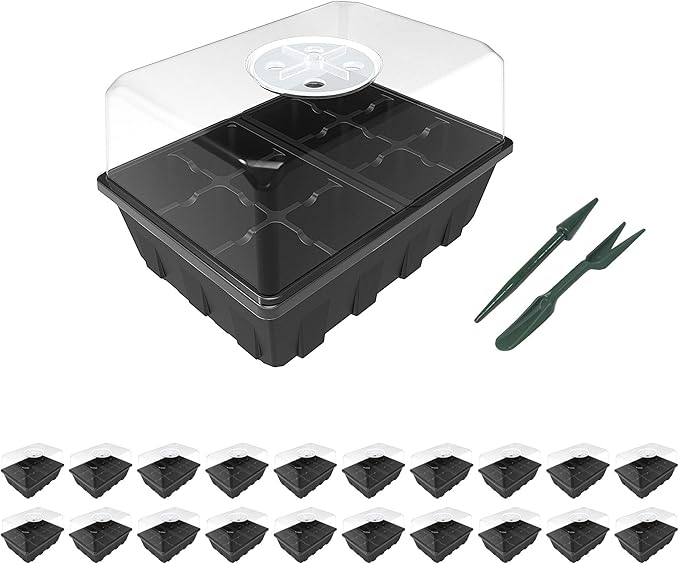Gardzen 20 Pack Seed Starting Tray, Plant Germination Trays, Seed Starter Kit with Adjustable Humidity Vented Dome, Plant Growing Kit 6.6" x 4.5", Total 240-Cell, Black