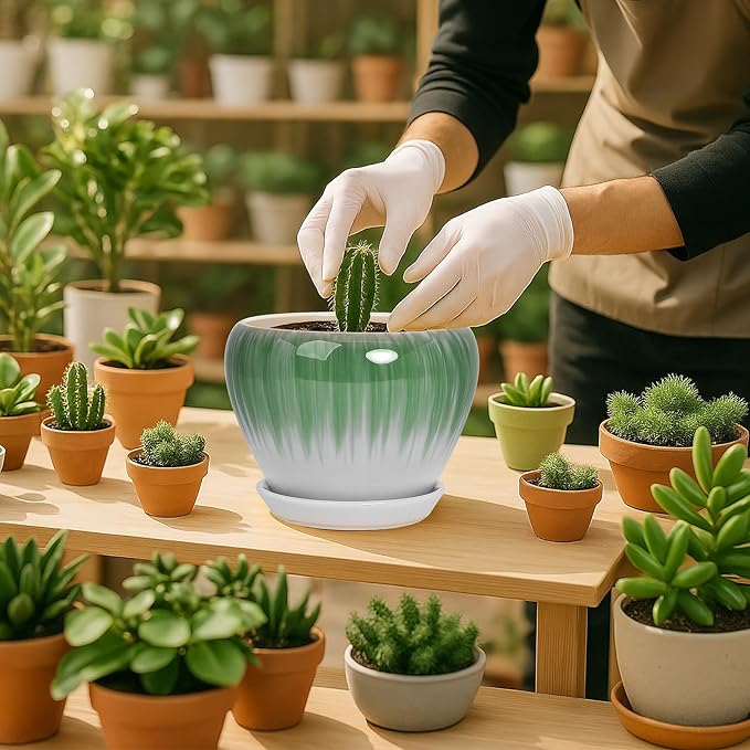 Deep Dream 6 Inch Plant Pots- Ceramic Planter Pot with Drainage Hole and Saucer, Round Flower Pot for Indoor Outdoor Succulent, Snake Plants and Cactus, White&Green