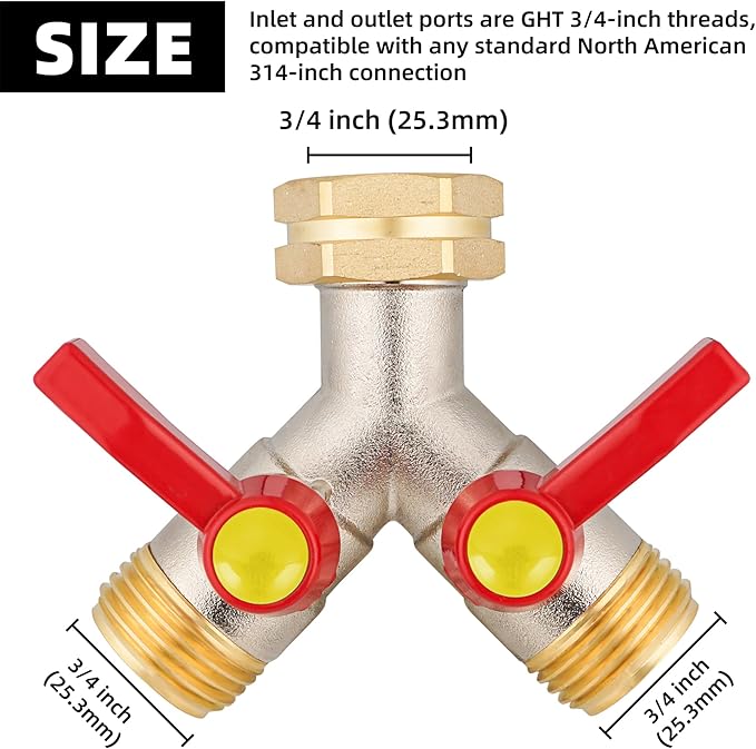 full flow Garden Hose Splitter, 3/4”GHT Inlet Brass Heavy Duty High Flow Hose Splitter 2-Way Full Flow, Hose Y-Valve Faucet Adapter, Runner and Large Outlet with Extended Handle.