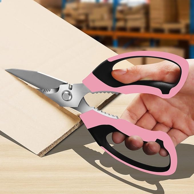 8-Inch Heavy Duty Utility Scissors All Purpose, Serrated Blade, Pink Comfort Grip for Cutting Carpet, Cardboard, Leather, Fabric, Multipurpose Sharp Shears for Kitchen, Garden, Office, Carft