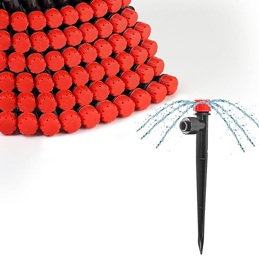 MIXC 60pcs Quick-Connect Drip Irrigation Emitters for 1/4" Drip Irrigation Tubing - Adjustable Push-to-Connect 360° Drip Emitters Stream on 6" Sturdy Stake for Irrigation System