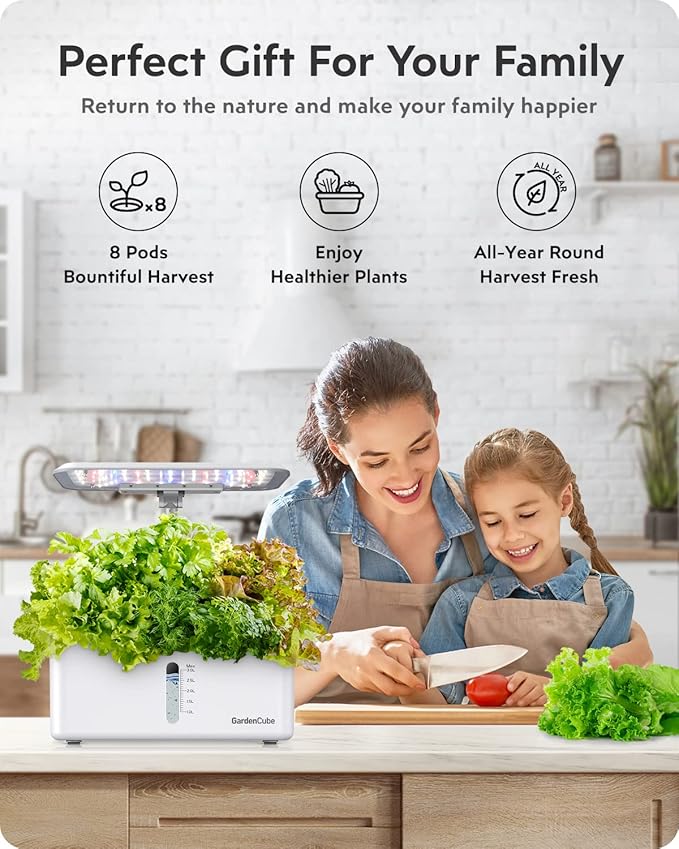 Hydroponics Growing System Kit: 8 Pods Indoor Herb Garden with LED Grow Light Quiet Smart Pump Automatic Timer Plants Germination Kit Height Adjustable - Gardening Gifts for Women Men