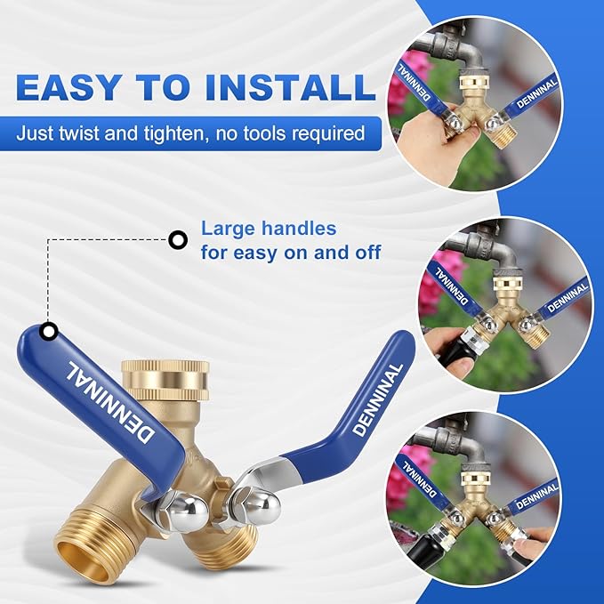 Brass Garden Hose Splitter 2 Way Heavy Duty with 304 Stainless Steel Long Handle, Outdoor Full Flow Hose Bib Splitter Connector, Y Valve 3/4 Inch GHT Thread