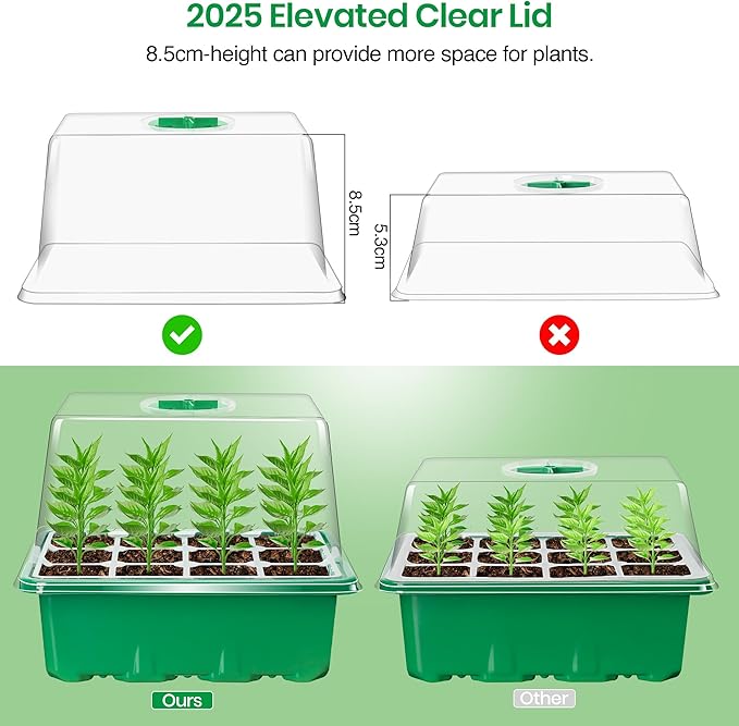 Bonviee 10 Packs Seed Starter Tray with Elevated Lid, 120 Cells Thicken Seed Starting Trays Kit with Adjustable Humidity Vent, Clear Cell Tray and Heightened Lids for Greenhouse & Gardens, Green