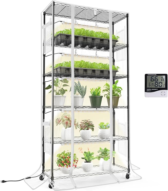 Bstrip Indoor Greenhouse with Grow Light, Mini Green House with 5 Pack T8 Full Spectrum Plant Lights, Plant Shelf with Tent for Indoor Plant, Seed Starting, Seed Tray, 35.4"x13.8"x71"