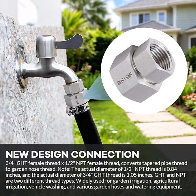 2 Pcs Stainless Steel Garden Hose Fittings Connectors Adapter,3/4" GHT to 1/2" NPT Repair Female to Female Double dual water hose connector, Lead-Free