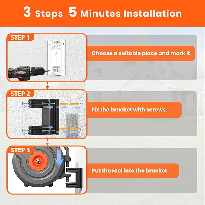 3rd Generation Retractable Garden Hose 100 ft x 1/2 inch Heavy Duty Wall-Mounted Hose Reel 180° Swivel Automatic Slow Return Any Length Lock 9 Pattern Nozzle UV Resistant (Black)