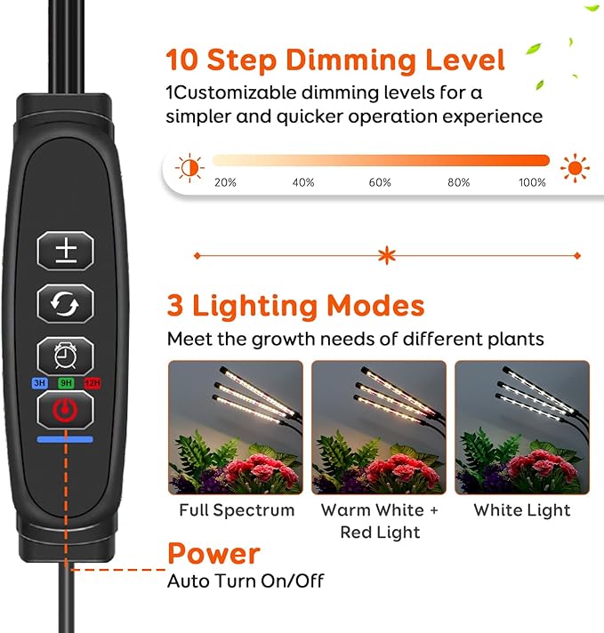 3 Heads Plant Lights for Indoor Growing, 2 Pack Grow Lights for Seed Starting, Full Spectrum Clip Grow Lamps with Auto ON & Off Timer 3/9/12H, 3 Switch Modes, 10 Dimming for Houseplants