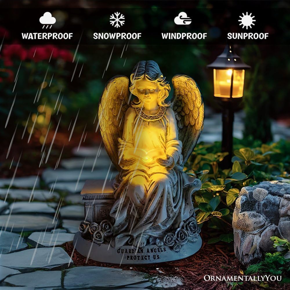 OrnamentallyYou Spring & Summer-Themed Garden Statues – Adorable Outdoor Decor for Lawn, Patio & Porch (Guardian Angel Reading Book Garden Statue, 10" Solar Powered Angelic Outdoor Figurine)