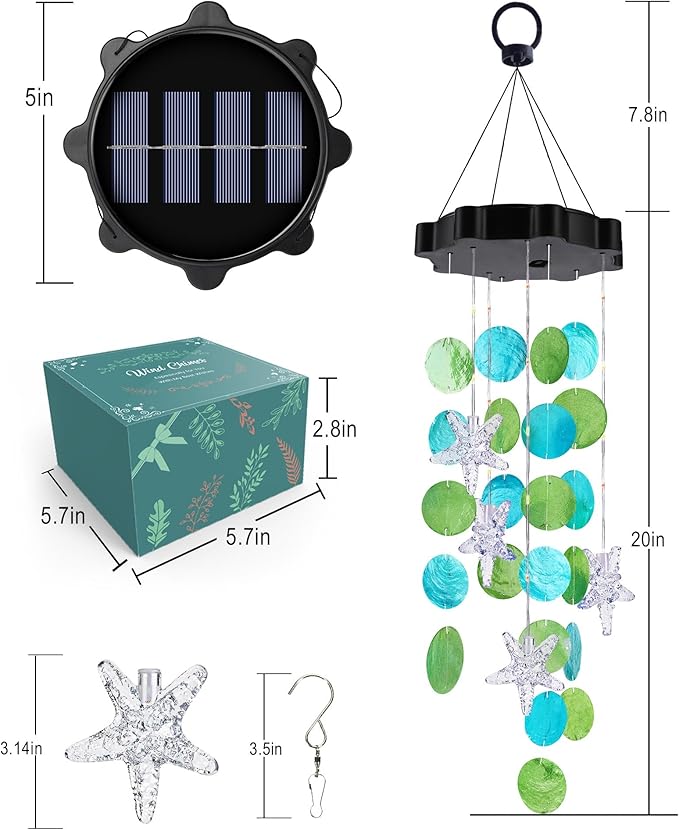 Toodour Solar Wind Chimes for Outside, Shells Light Gifts for Mom Grandma Women Wife Girls, Waterproof Solar Outdoor Decorative Mobile Light for Holiday Garden Porch Yard Outdoor Decor (Blue & Green)