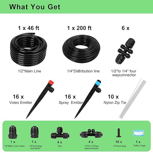 Drip Irrigation System Kit โ 2025 New Quick-Connect Garden Watering System with 46FT 1/2'' Tubing Automatic Watering & Misting System for Greenhouses,Yards,Lawns,Gardens, Raised Beds