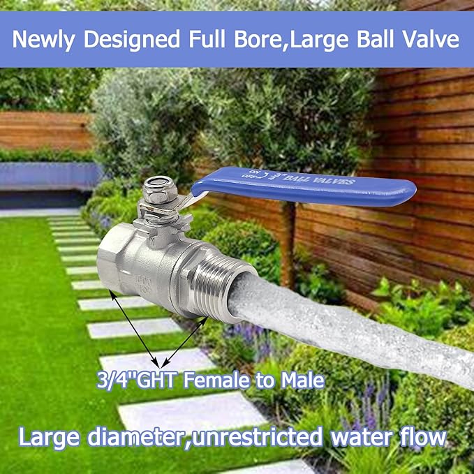 Garden Hose Shut Off Ball Valve Full Flow Water Valve 3/4''GHT Female to Male Heavy Duty Lead-free 304 Stainless Steel Long Handle No Restricted-Flow Water Shut Off Connector