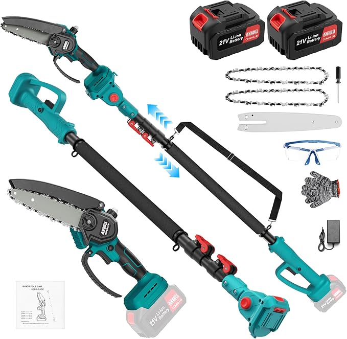 Anbull 2-IN-1 Cordless Pole Saw 6 inch, 2 * 4.0Ah Battery Powered Pole Saws for Tree Trimming, with 15.5ft Max Extension Pole for Tree Branches Wood Cutting