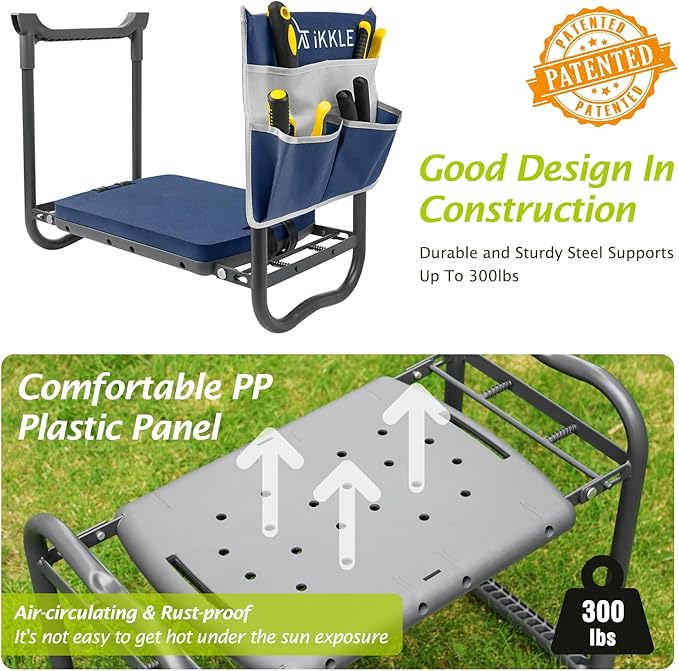 ikkle Garden Kneeler and Seat Gardening Stool Kneeler Folding Gardening Bench with Thicker Detachable Kneeling Pad and Tool Store Pouches (Blue)