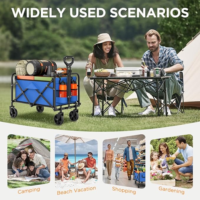 Collapsible Wagon Cart Foldable Beach Wagon with All-Terrain Wheels - 380 LBS Heavy Duty Grocery Cart for Shopping, Beach, Camping, Sports, Garden (Blue)