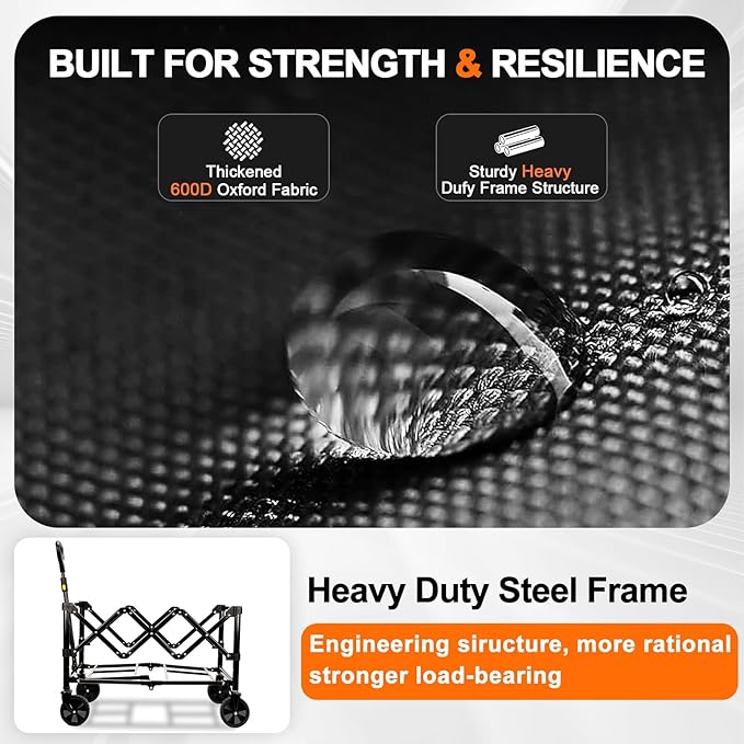 Collapsible Wagon Cart with Wheels Foldable, Folding Wagons Carts with Silent Universal Wheels, Large Grocery Cart On Wheels, Heavy Duty Utility for Shopping Beach Sports Fishing Camping, Black