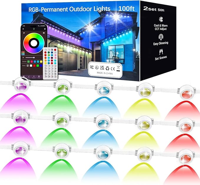KIKO 100FT Permanent Outdoor Lights,RGB Waterproof Smart LED Eaves Lights with App Remote Control,for Christmas and All Holiday Decor,Daily and Accent Lighting,House Roof and Garden Lighting