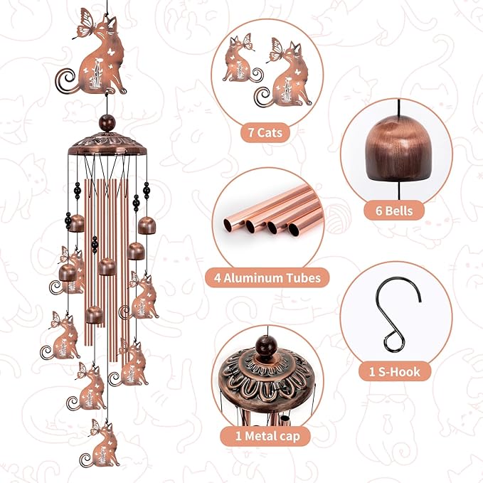 Cat Wind Chimes for Outside, Large Cat Garden Decor Outdoor Wind Chime, Memorial Decor for Women Cat Lover, Kitty Metal 40" Outdoor Windchimes for Lawn, Porch, Patio, Yard, Christmas