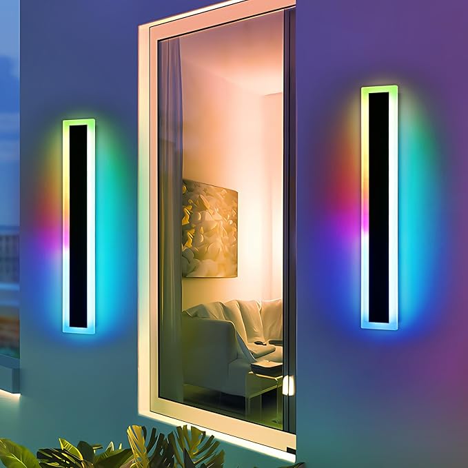 Widened 2 Pack RGB Outdoor Wall Lights, 23.6inch Long Dimmable Modern LED Wall Sconces, 10 Colors, 5 Modes, IP65 Waterproof Black Minimalist Lighting for Porch, Garage, Patio, Exterior House