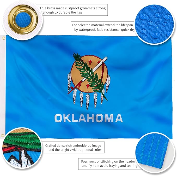 XIFAN Premium Oklahoma State Flag 3x5 ft Outdoor, Double Sided Embroidered Image, Heavy Duty 210D Nylon OK Flags, the Strongest Longest Lasting for Outside with Sewn Stripes/Brass Grommets